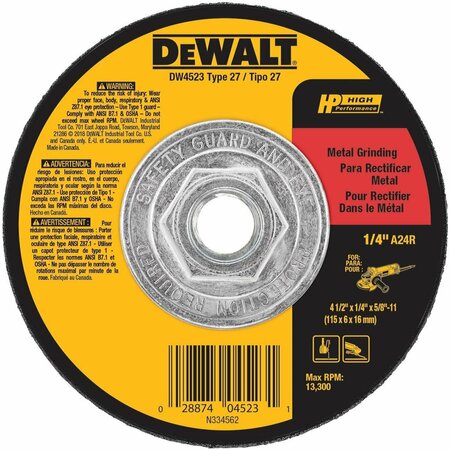 DEWALT Grinding Wheel, 4-1/2"X1/4"X5/8"-11 Gp Mtl Grind Whl DW4523Z